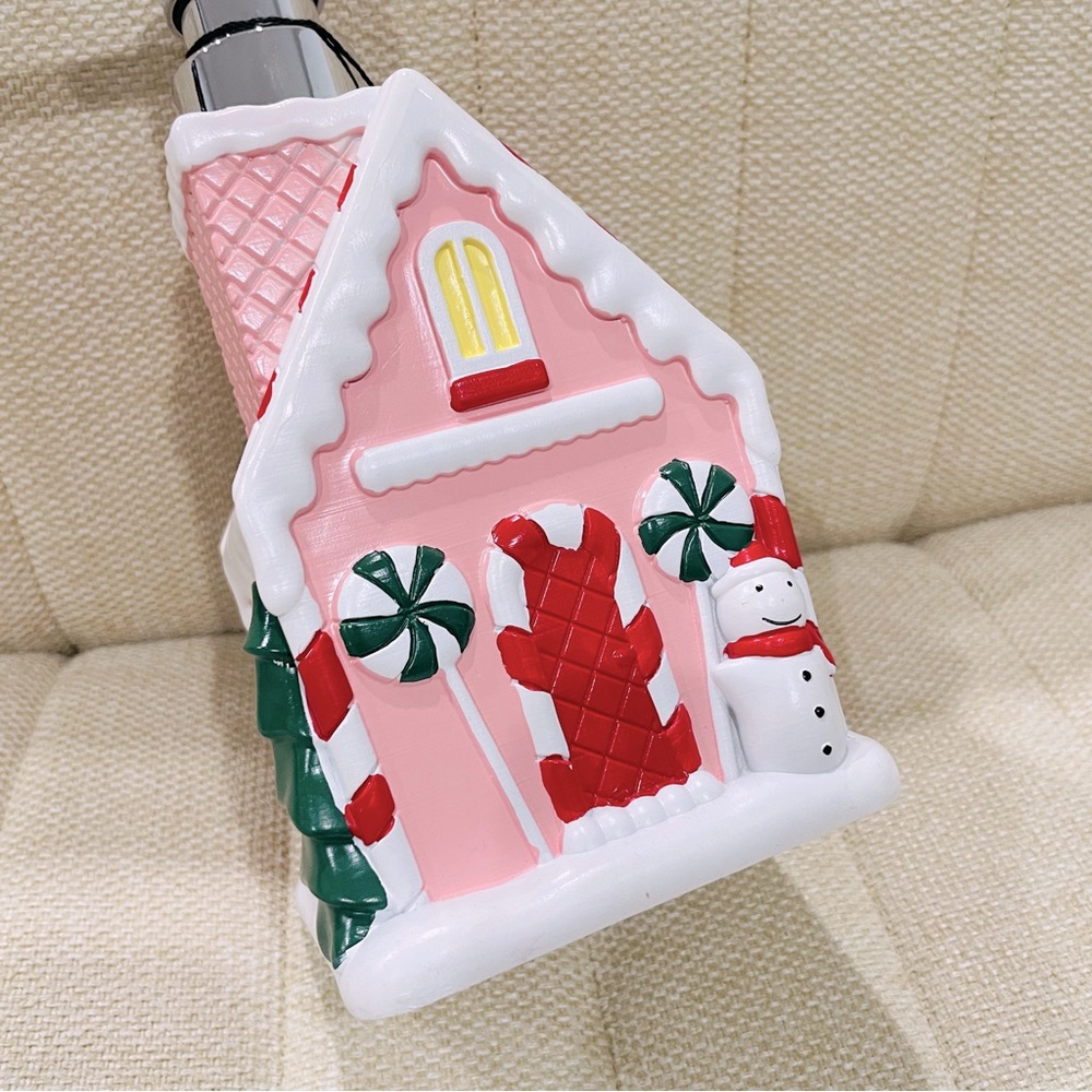 NEW Pink Gingerbread House Soap Dispenser Christmas Snowman Peppermint Decor - Picture 2 of 4